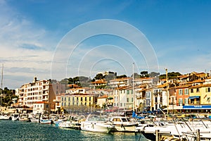 Cassis, France - 2019.Colorful traditional houses on the promenade in the port of Cassis town, Provence, France