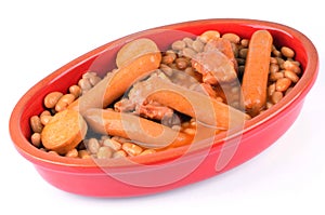 Cassoulet closeup in a dish on a white background