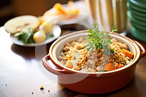 cassoulet in a traditional pot with breadcrumbs on top
