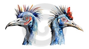 Cassowary bird portrait, watercolor clipart illustration with isolated background