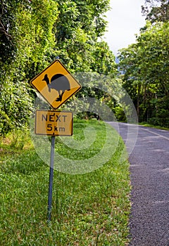 Cassowary crossing sign in rainforest