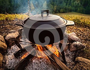 A cast iron Dutch oven cooking over an open fire