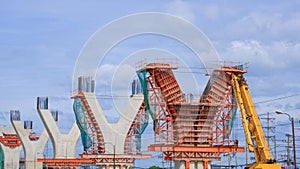 Cast Iron Formwork for Large Concrete Columns Structure of Flyover Expressway in under Construction against blue sky background