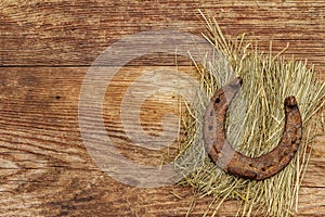 Cast iron metal horse horseshoe on hay. Good luck symbol, St.Patrick`s Day concept