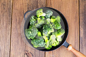 Cast iron pan with frozen broccoli for cooking