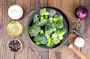 Cast iron pan with frozen broccoli for cooking