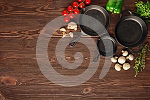 Cast-iron pan and spices, view from above