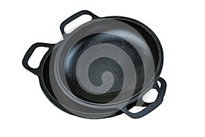 Cast iron pans. Kitchenwares isolated on white background. Rustic cookware. Top view.