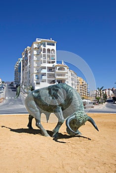 Cast Iron Spanish Bull in center of Roundabout