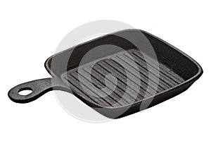 Cast iron square grill pan, Empty cast iron pan with handled isolated on white background with clipping path, Side view