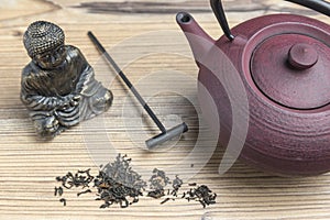 Cast iron teapot and black tea. Top view. Buda.