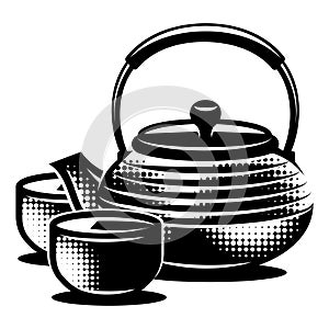 Cast iron teapot for the Chinese tea ceremony with two bowls. Editable template for design. Monochrome stylish elements