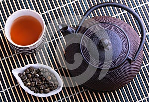 Cast iron TeaPot with teacup and tea leaves