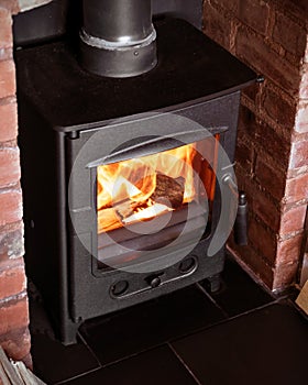 Cast iron wood burner in old brick fireplace burning chopped wood