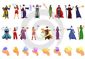 Cast spell icons set cartoon vector. Magic power female