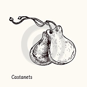Castanets. Ink black and white doodle drawing in woodcut style