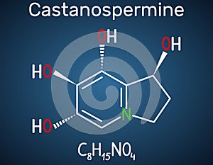 Castanospermine indolizidine alkaloid molecule. Structural chemical formula on the dark blue background