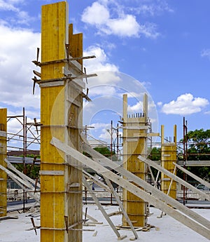 Casted concrete column at the construction site.