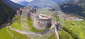 Castel Beseno aerial drone panoramic view - Most famous and impressive historical medieval castles of Italy in Trento