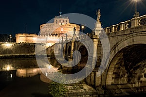 Castel and Ponte Sant`Angelo at night, Rome, Italy