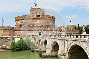 Castel Sant` Angelo aross Tiber river in Rome, Italy