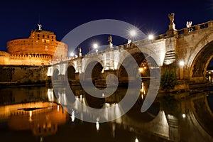 Castel Sant'Angelo and river Tiber view at night, Rome, Italy