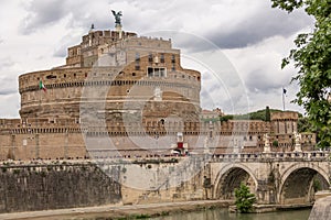 Castel Sant`Angelo Saint Angel Castle and bridge over Tiber River - Rome, Italy