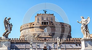 Castel Santâ€™Angelo or Castle of Holy Angel, Rome, Italy. It is old landmark of city. Front view of famous Castel Sant`Angelo and