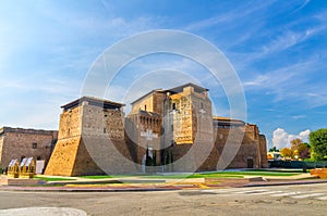 Castel Sismondo brick castle with tower on Piazza Malatesta square in old historical touristic city centre Rimini