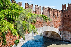 The Castel Vecchio Bridge or Scaliger Bridge of the castle Castelvecchio and Adige river, Verona, Italy