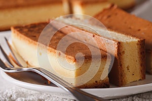 Castella Japanese cake on a plate macro. horizontal