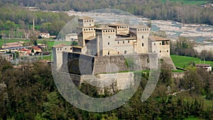 Castello di Torrechiara in Parma - Emilia Romagna - Italy - aerial panorama panning of Italian Castles
