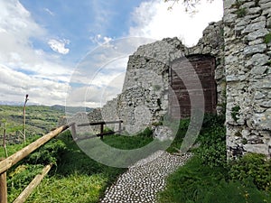 Castello ruins at the top of Rocca d& x27;Arce, Lazio, Italy photo