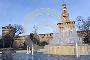 Castello Sforzesco and fountain in Milan Italy