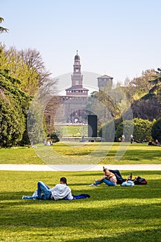 The Castello Sforzesco Sforza Castle and the Parco Sempione Simplon park in Milan, Italy