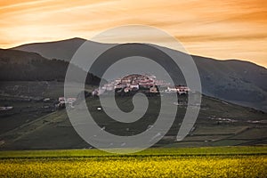 Castelluccio di Norcia at sunset, Umbria, Italy