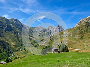 Castelmagno - Panoramic mountain landscape of Cottian Alps in Grana Valley (Valle Grana), Italy