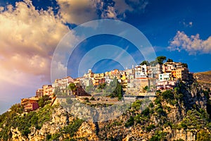 Castelmola: typical sicilian village perched on a mountain, close to Taormina. Messina province, Sicily, Italy. Castelmola town on photo