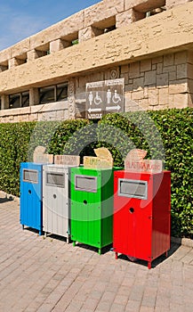 Castelnuovo del Garda, Italy - August 13 2019: Sorting waste bins. Gardaland Theme Park in Castelnuovo Del Garda, Verona photo