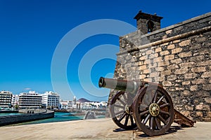 Castillo de San Gabriel - Saint Gabriel Castle in Arrecife and a cannon in front of it