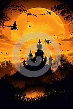 Backlight of a horror castle at sunset. Happy Halloween photo