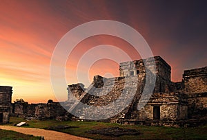 Castillo fortress at sunset in the ancient Mayan city of Tulum,