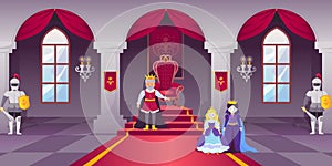 Castle ballroom. Interior of medieval palace hall. Royal room with monarch throne. King and queen. Emperor family