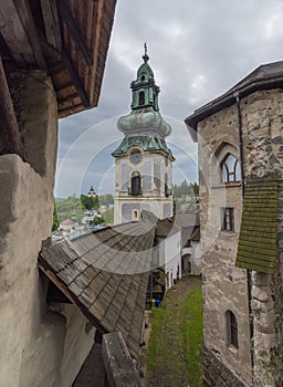 Castle in Banska Stiavnica town in cloudy day after rain