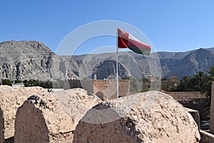 Castle Battlements with Oman Flag and Mountains