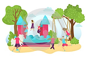 Castle bouncy outdoor with fun child, vector illustration, flat boy girl kids character play at inflatable house