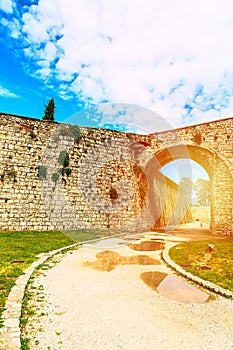 Fortress wall castle tower on Cidneo Hill in Brescia, Italy photo