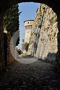 Brescia castle, wall and tower framed view - Medieval Castle photo