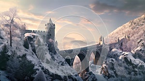 Castle and bridge in mountains in winter, snowy citadel and road, generative AI