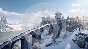 Castle and bridge in mountains in winter, snowy citadel and road, generative AI